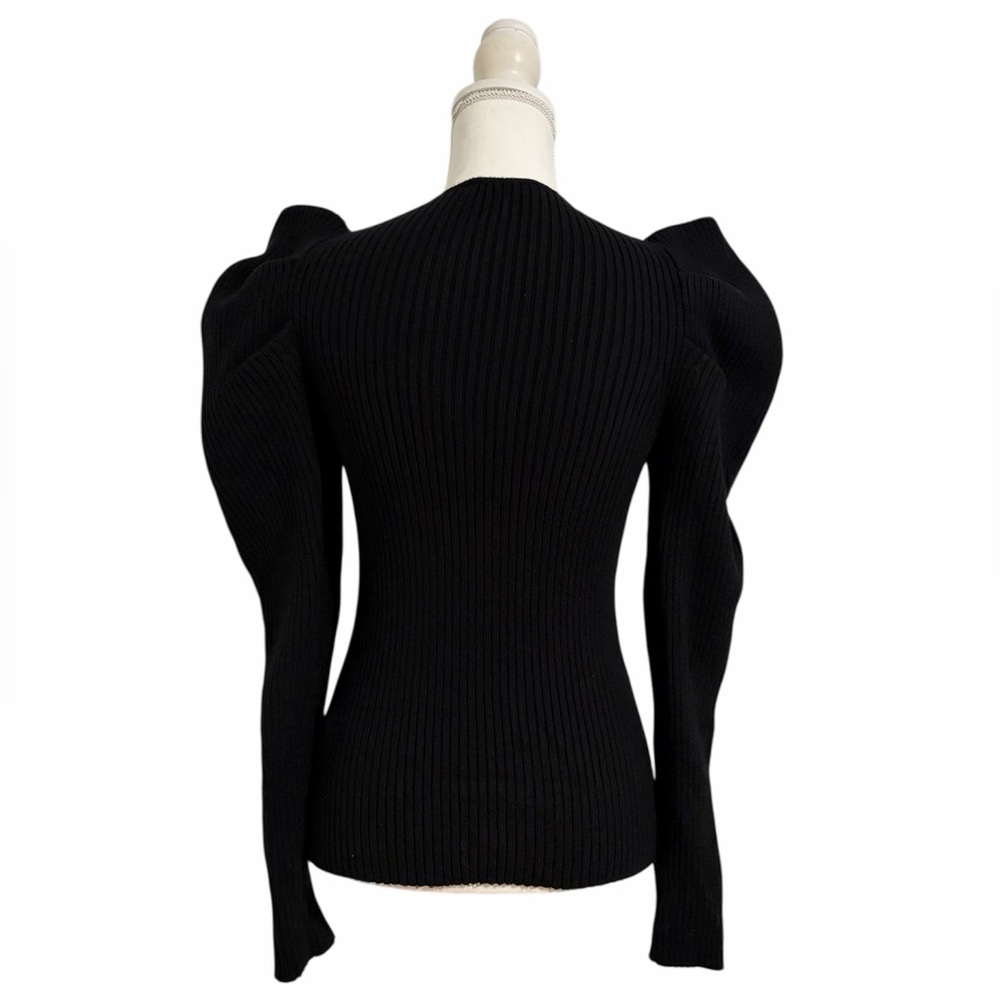 Express Black Ribbed Crystal Encrusted Neckline Puff Shoulder Sweater Women’s Sm - Picture 2 of 10